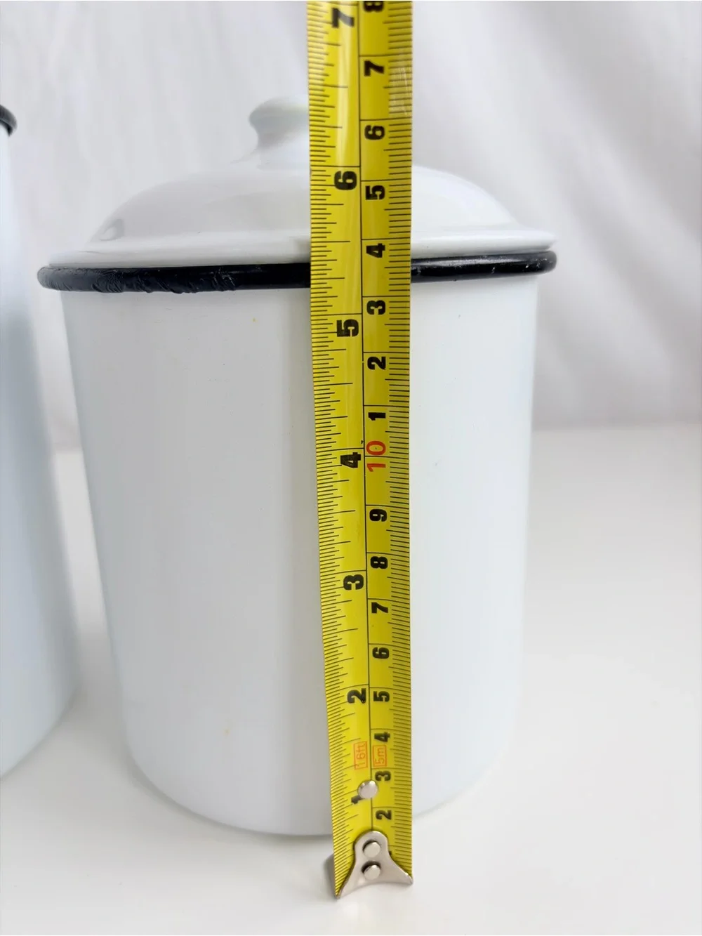 2 Piece Canister Set Vintage Inspired White & Enamel Black Rim Round Tin Storage